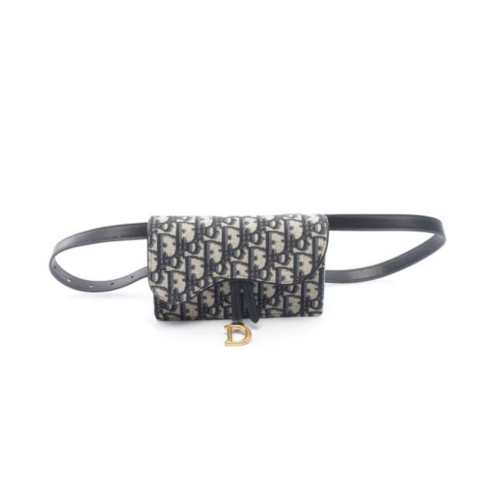 Christian Dior SADDLE Oblique Waist Bag Canvas Leather Navy Blue Beige Cream